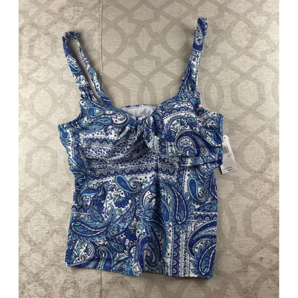 Raisins Curve Rimini Tankini Top Womens 14W Blue Paisley Tie Front NWT P840113